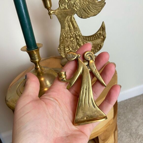 Three Vintage Solid Brass Decor Holiday Christmas Angel Taper Candle Holders - Picture 2 of 9